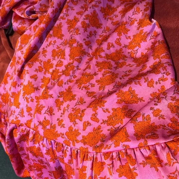 Dex light satin 3/4 puff sleeves V neck Floral Ruffled Hem midi dress Sz XL - Picture 16 of 17